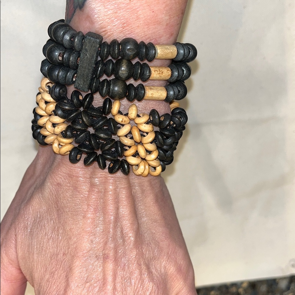 Two Vintage Handmade Wooden Bead Bracelets